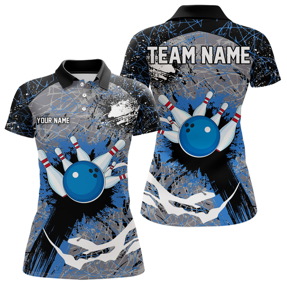 Personalized Black And Blue Camo Bowling Jersey For Women Custom Bowling Team Polo, Quarter-Zip Shirts NQS9746