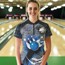 Load image into Gallery viewer, Personalized Black And Blue Camo Bowling Jersey For Women Custom Bowling Team Polo, Quarter-Zip Shirts NQS9746