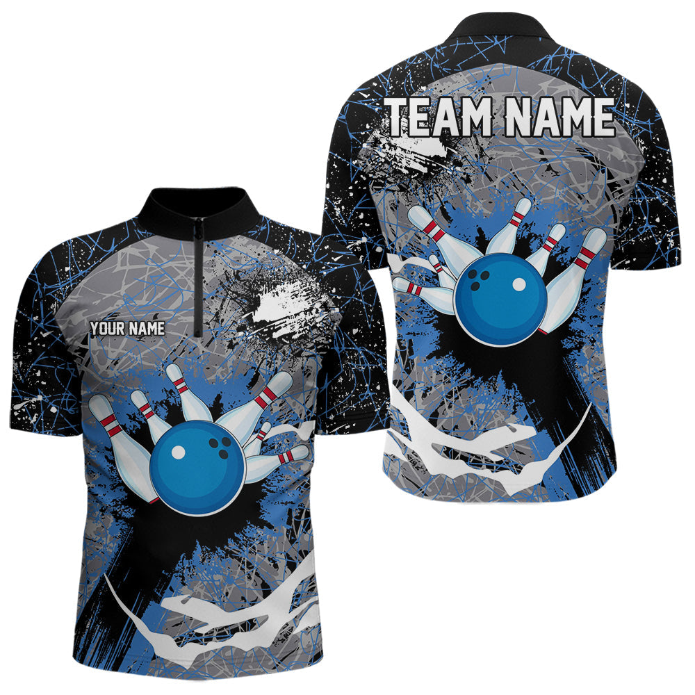 Personalized Black And Blue Camo Bowling Jerseys For Men Custom Bowling Team Polo, Quarter-Zip Shirts NQS9746