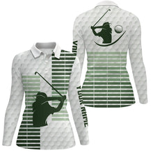 Load image into Gallery viewer, Womens golf polo shirt custom green stripe and white golf ball skin pattern ladies golf tops NQS7528