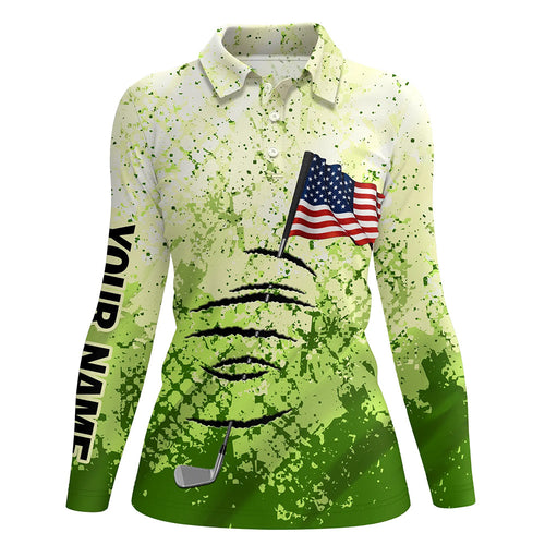 Personalized green camo golf polos shirt for women American flag 4th July custom gifts for golf lovers NQS5548