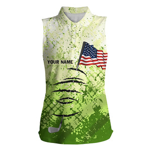 Personalized green camo sleeveless polo shirt for women American flag 4th July custom golfing gifts NQS5548