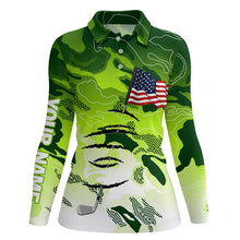 Load image into Gallery viewer, Personalized green camo golf polos shirt for women American flag 4th July custom gifts for golf lovers NQS5549