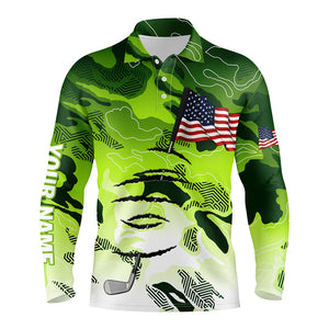 Personalized green camo golf polos shirt for men American flag 4th July custom gifts for golf lovers NQS5549