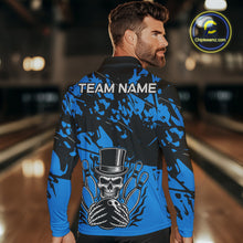 Load image into Gallery viewer, Black and Blue Camo Skull Bowling Polo, Quarter Zip Shirt for Men Custom Skull Team bowling jersey NQS10007
