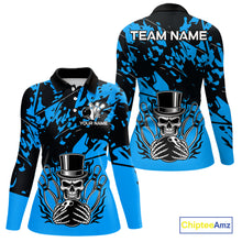 Load image into Gallery viewer, Black and Blue Camo Skull Bowling Polo, Quarter Zip Shirt for Women Custom Skull Team bowling jersey NQS10007