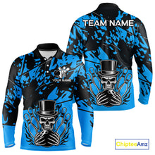 Load image into Gallery viewer, Black and Blue Camo Skull Bowling Polo, Quarter Zip Shirt for Men Custom Skull Team bowling jersey NQS10007