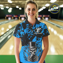 Load image into Gallery viewer, Black and Blue Camo Skull Bowling Polo, Quarter Zip Shirt for Women Custom Skull Team bowling jersey NQS10007