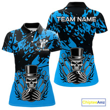 Load image into Gallery viewer, Black and Blue Camo Skull Bowling Polo, Quarter Zip Shirt for Women Custom Skull Team bowling jersey NQS10007