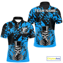 Load image into Gallery viewer, Black and Blue Camo Skull Bowling Polo, Quarter Zip Shirt for Men Custom Skull Team bowling jersey NQS10007