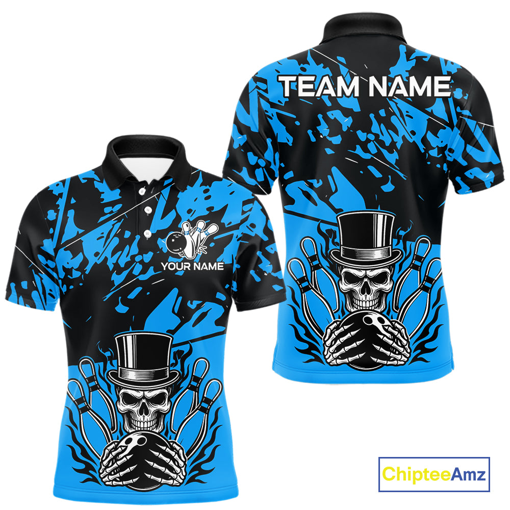 Black and Blue Camo Skull Bowling Polo, Quarter Zip Shirt for Men Custom Skull Team bowling jersey NQS10007