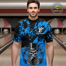 Load image into Gallery viewer, Black and Blue Camo Skull Bowling Polo, Quarter Zip Shirt for Men Custom Skull Team bowling jersey NQS10007