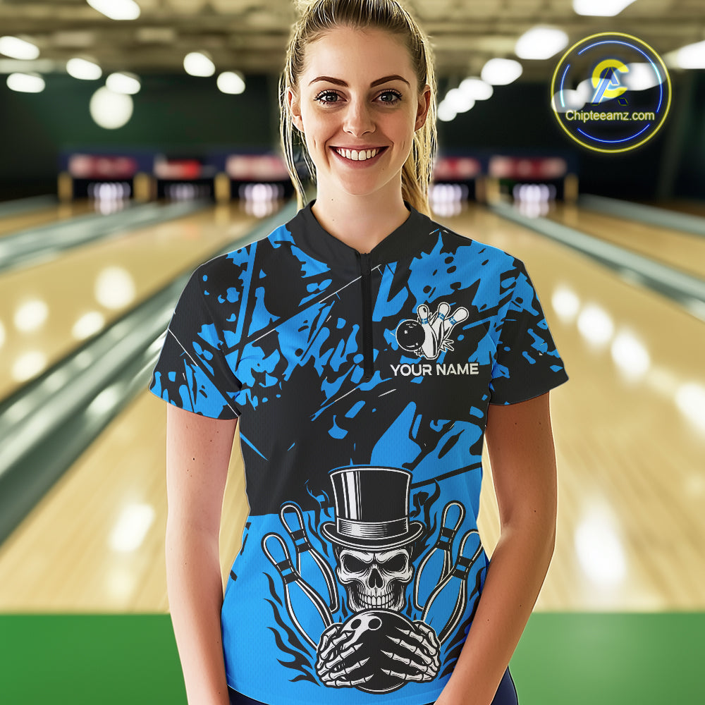Black and Blue Camo Skull Bowling Polo, Quarter Zip Shirt for Women Custom Skull Team bowling jersey NQS10007