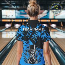 Load image into Gallery viewer, Black and Blue Camo Skull Bowling Polo, Quarter Zip Shirt for Women Custom Skull Team bowling jersey NQS10007