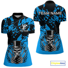 Load image into Gallery viewer, Black and Blue Camo Skull Bowling Polo, Quarter Zip Shirt for Women Custom Skull Team bowling jersey NQS10007