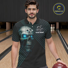 Load image into Gallery viewer, Black and Blue Skull Bowling Polo, Quarter Zip Shirts For Men Custom Bowling Team Jerseys Outfits NQS10171
