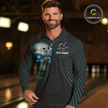 Load image into Gallery viewer, Black and Blue Skull Bowling Polo, Quarter Zip Shirts For Men Custom Bowling Team Jerseys Outfits NQS10171