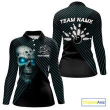 Load image into Gallery viewer, Black and Blue Skull Bowling Polo, Quarter Zip Shirts For Women Custom Bowling Team Jerseys Outfits NQS10171
