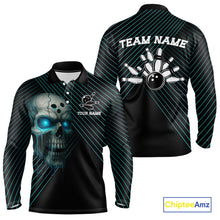 Load image into Gallery viewer, Black and Blue Skull Bowling Polo, Quarter Zip Shirts For Men Custom Bowling Team Jerseys Outfits NQS10171