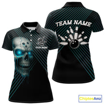 Load image into Gallery viewer, Black and Blue Skull Bowling Polo, Quarter Zip Shirts For Women Custom Bowling Team Jerseys Outfits NQS10171