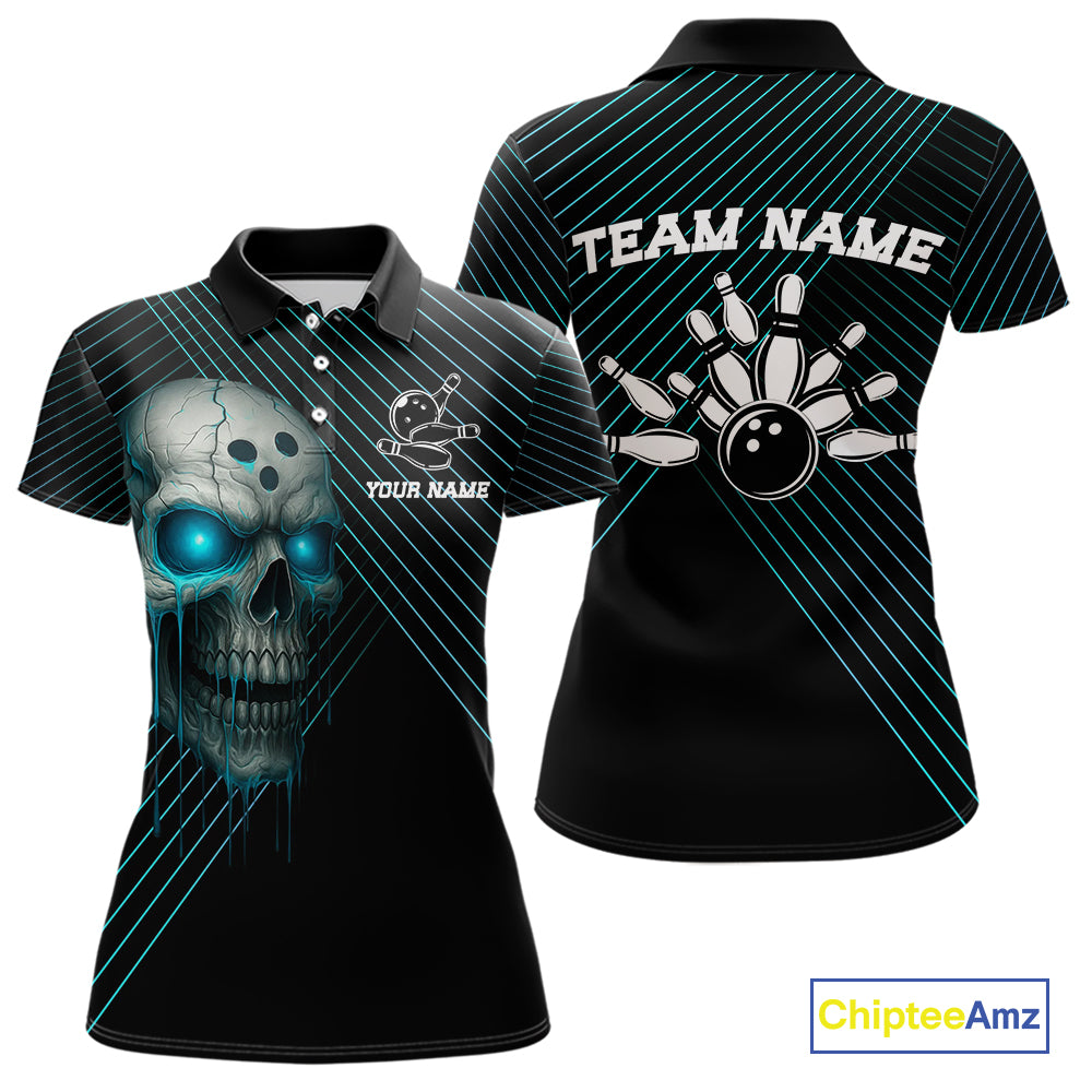 Black and Blue Skull Bowling Polo, Quarter Zip Shirts For Women Custom Bowling Team Jerseys Outfits NQS10171
