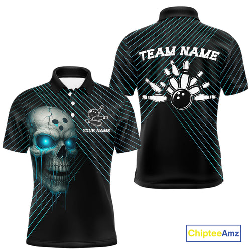 Black and Blue Skull Bowling Polo, Quarter Zip Shirts For Men Custom Bowling Team Jerseys Outfits NQS10171