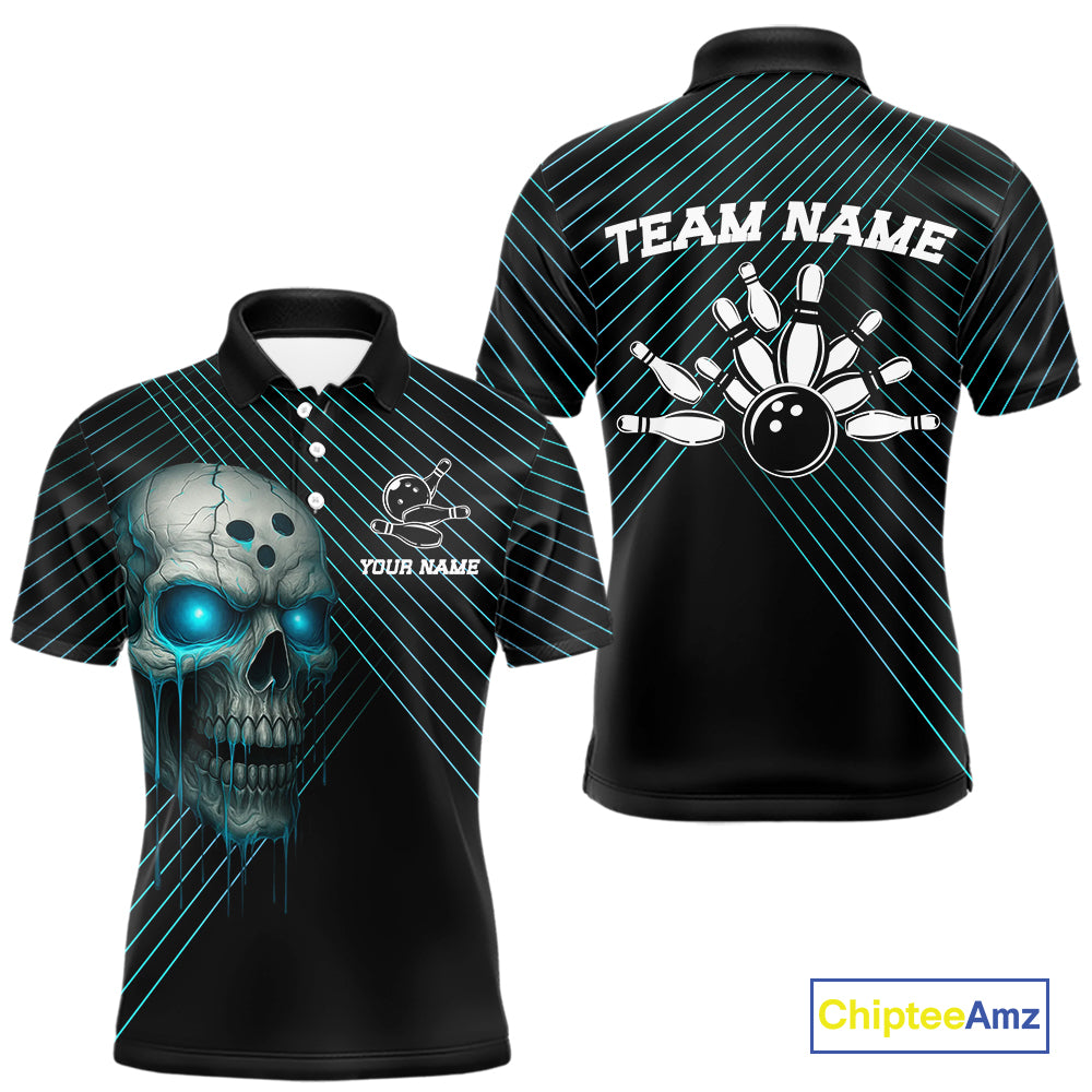 Black and Blue Skull Bowling Polo, Quarter Zip Shirts For Men Custom Bowling Team Jerseys Outfits NQS10171