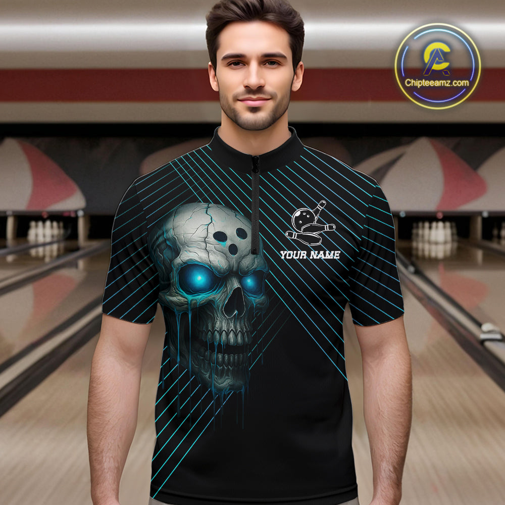 Black and Blue Skull Bowling Polo, Quarter Zip Shirts For Men Custom Bowling Team Jerseys Outfits NQS10171