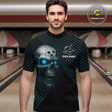 Load image into Gallery viewer, Black and Blue Skull Bowling Polo, Quarter Zip Shirts For Men Custom Bowling Team Jerseys Outfits NQS10171