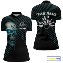 Load image into Gallery viewer, Black and Blue Skull Bowling Polo, Quarter Zip Shirts For Women Custom Bowling Team Jerseys Outfits NQS10171