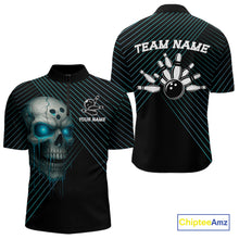 Load image into Gallery viewer, Black and Blue Skull Bowling Polo, Quarter Zip Shirts For Men Custom Bowling Team Jerseys Outfits NQS10171
