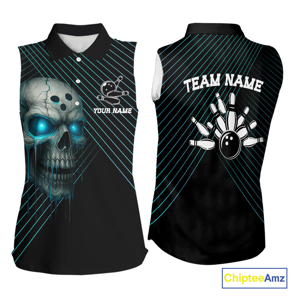 Black and Blue Skull Bowling sleeveless Polo shirt Custom Bowling Team Jerseys Outfits NQS10171