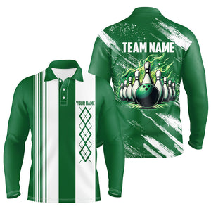 Green and White Argyle Flame bowling Men Polo, 1/4 Quarter Zip Shirts Custom bowling team jerseys NQS8110