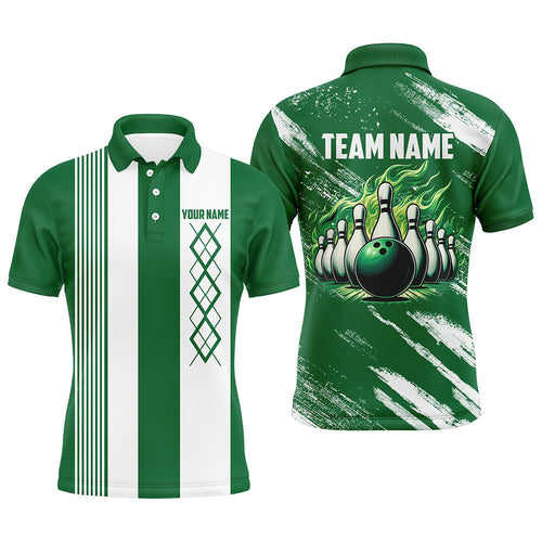 Green and White Argyle Flame bowling Men Polo, 1/4 Quarter Zip Shirts Custom bowling team jerseys NQS8110