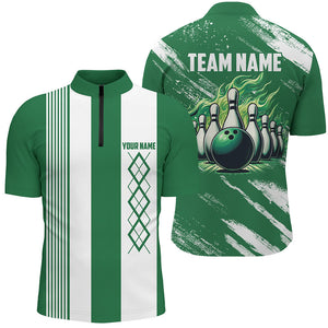 Green and White Argyle Flame bowling Men Polo, 1/4 Quarter Zip Shirts Custom bowling team jerseys NQS8110