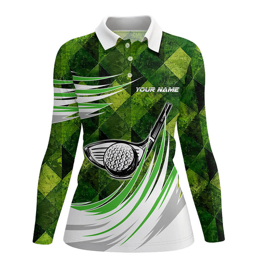 Green argyle pattern golf ball clubs Women golf polo shirt custom female golf outfit, gifts for golfer NQS8112