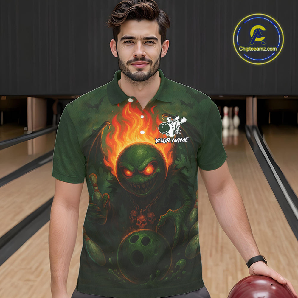 Custom Halloween Bowling Shirt For Men Green Flame Skull, personalized bowling shirts for team bowler NQS10312