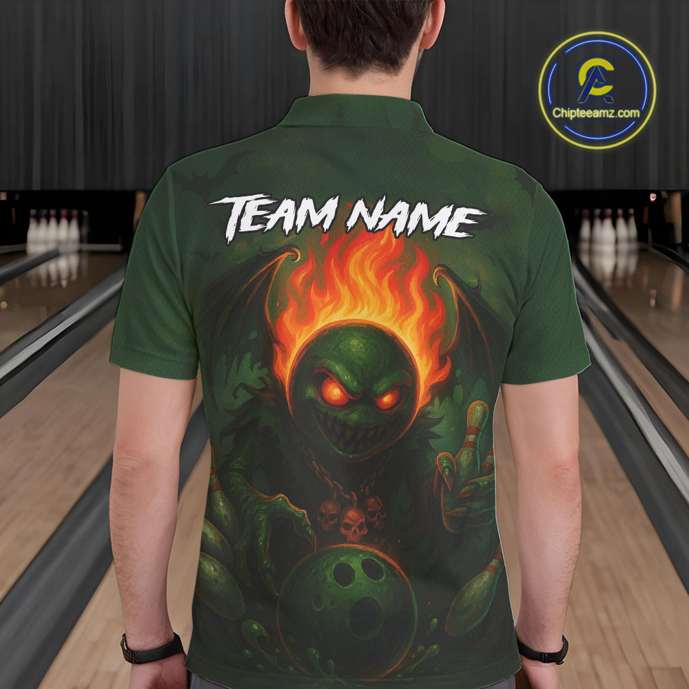 Custom Halloween Bowling Shirt For Men Green Flame Skull, personalized bowling shirts for team bowler NQS10312