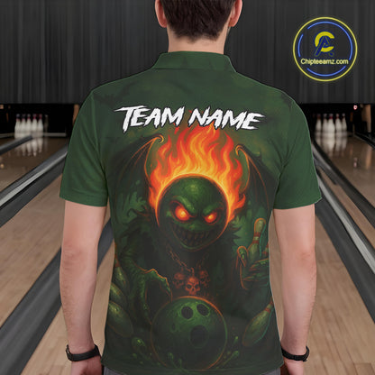 Custom Halloween Bowling Shirt For Men Green Flame Skull, personalized bowling shirts for team bowler NQS10312