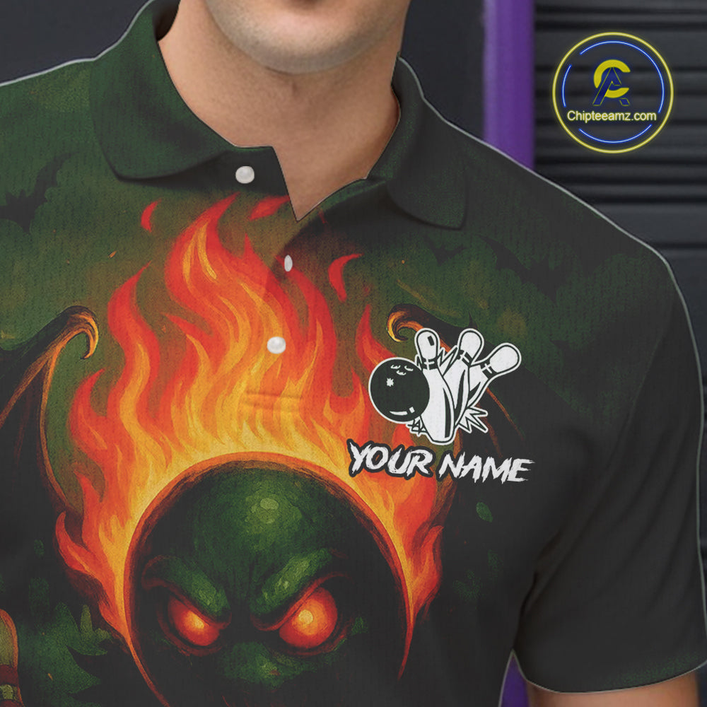 Custom Halloween Bowling Shirt For Men Green Flame Skull, personalized bowling shirts for team bowler NQS10312