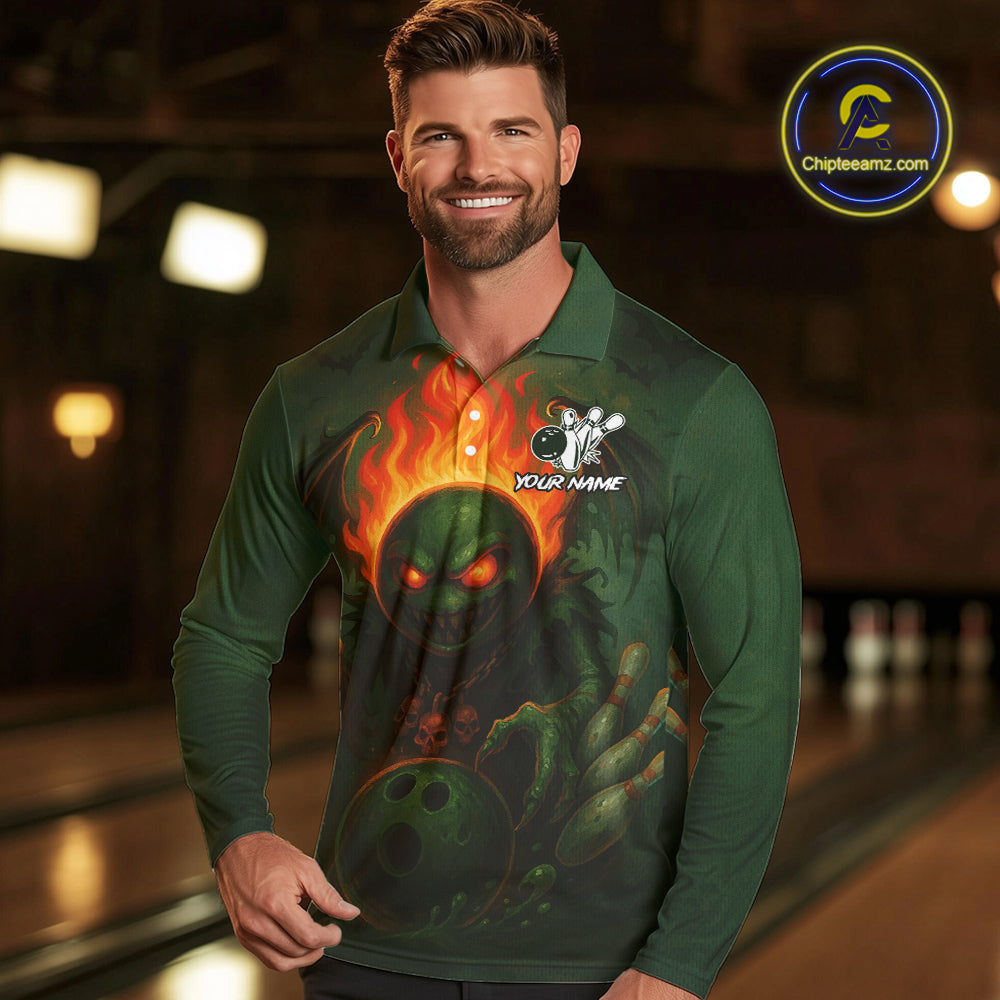 Custom Halloween Bowling Shirt For Men Green Flame Skull, personalized bowling shirts for team bowler NQS10312