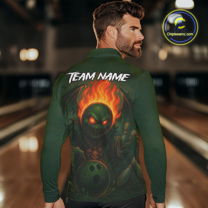 Custom Halloween Bowling Shirt For Men Green Flame Skull, personalized bowling shirts for team bowler NQS10312