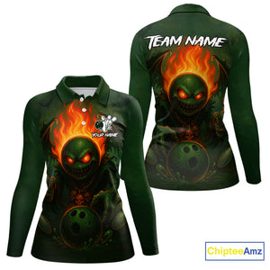 Custom Halloween Bowling Shirt For Women Green Flame Skull, personalized bowling shirts for team NQS10312