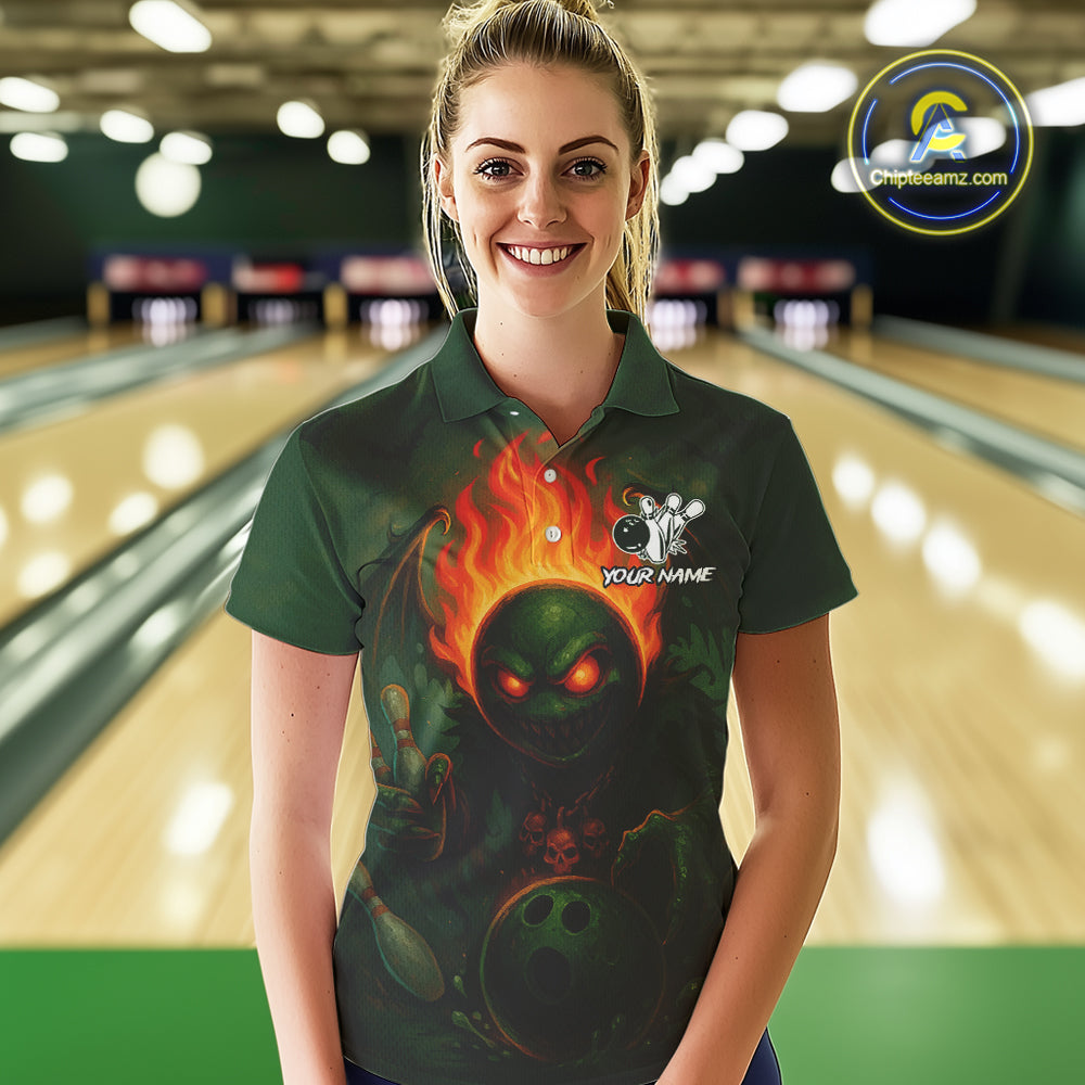 Custom Halloween Bowling Shirt For Women Green Flame Skull, personalized bowling shirts for team NQS10312