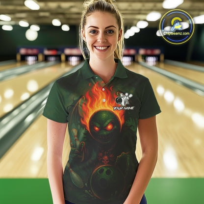 Custom Halloween Bowling Shirt For Women Green Flame Skull, personalized bowling shirts for team NQS10312