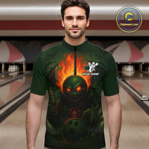 Custom Halloween Bowling Shirt For Men Green Flame Skull, personalized bowling shirts for team bowler NQS10312