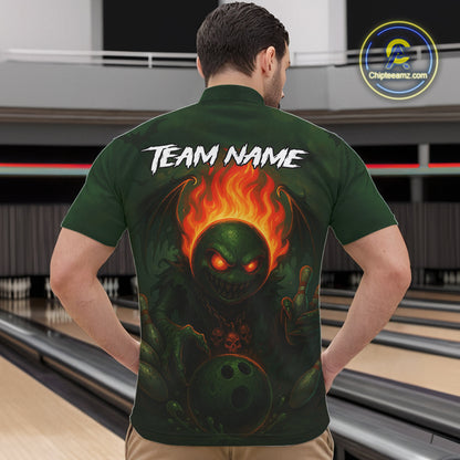 Custom Halloween Bowling Shirt For Men Green Flame Skull, personalized bowling shirts for team bowler NQS10312