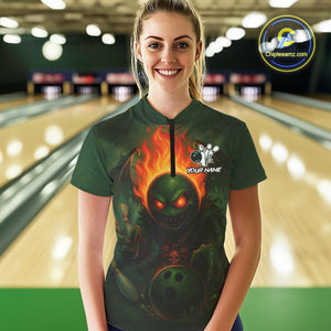 Custom Halloween Bowling Shirt For Women Green Flame Skull, personalized bowling shirts for team NQS10312