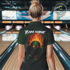 Custom Halloween Bowling Shirt For Women Green Flame Skull, personalized bowling shirts for team NQS10312