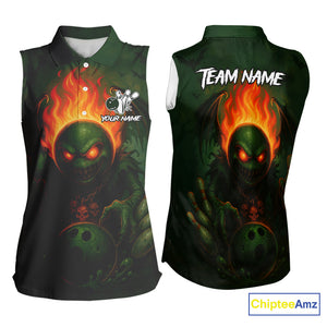 Custom Halloween Bowling Sleeveless Polo Shirt Green Flame Skull, personalized bowling shirt for team NQS10312